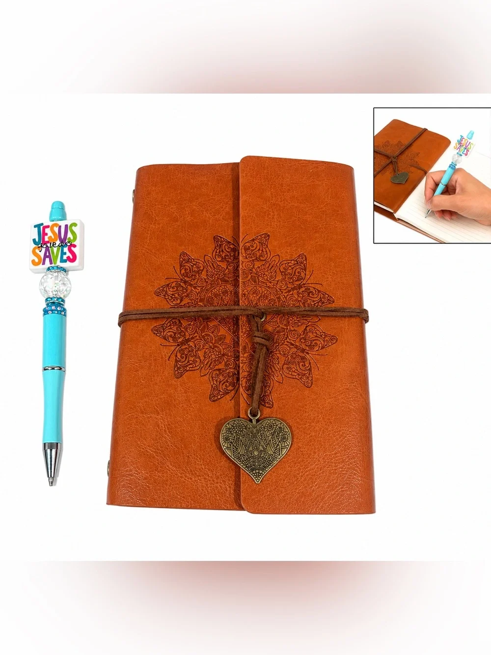 2 pc bundle set Embossed Brown Journal Heart Charm beadable refillable cute pen